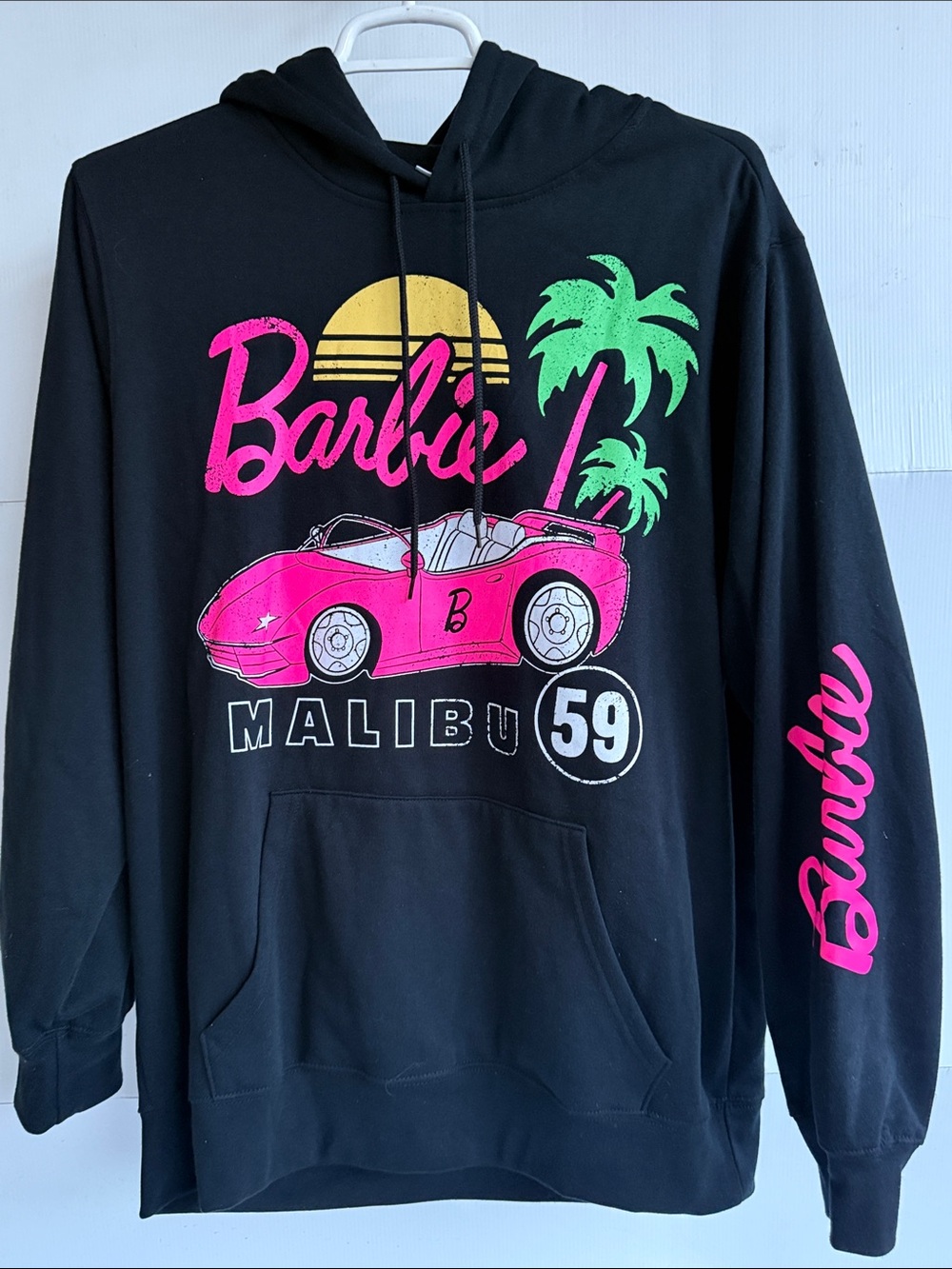 BARBIE MALIBU NEON PULLOVER HOODIE RETRO 59 SIZE XL UNISEX BLACK DREAM CAR PALMS